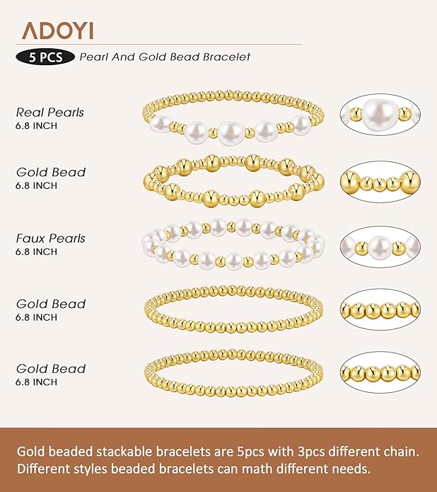 adoyi Gold Bracelets for Women Beaded Bracelet 14K Gold Plated Bracelet Stack Strand Stretch Bead Ball Bracelet Set Stackable Bracelet Adjustable Bracelet Set Jewelry for Gifts