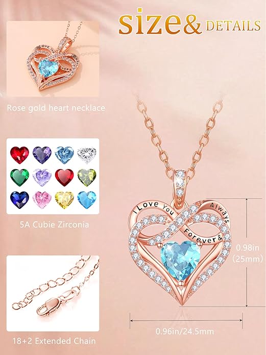 Infinity Rose Gold Valentines Heart Birthstone Necklace for Women,I Love You Always and Forever Jewelry,Valentines Anniversary Birthday Gifts for Her Wife Mom Grandma Daughter