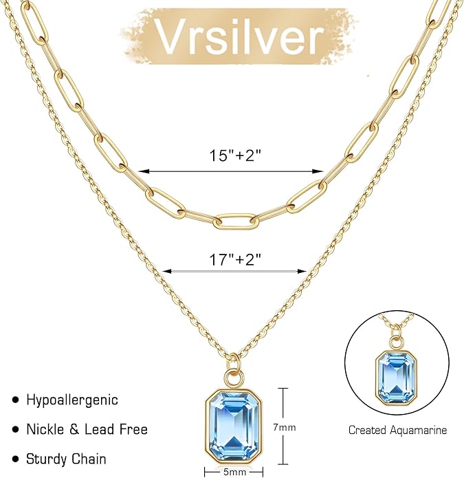 Layered Birthstone Necklace for Women Girls, 14K Gold-Plated Paperclip Chain Choker Necklace with Rectangle Birthstone Pendant Birthday Gifts for Women Girls Dainty Small