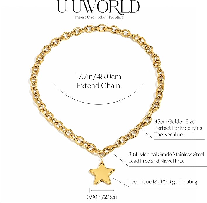 Chunky Gold Necklace with Star Pendant for Women,18K Gold Plated Stainless Steel Sweatproof Non Tarnish Hypoallergenic Chain,Trendy Chunky Necklaces for Women,Star Necklace Fashion Statement Jewelry
