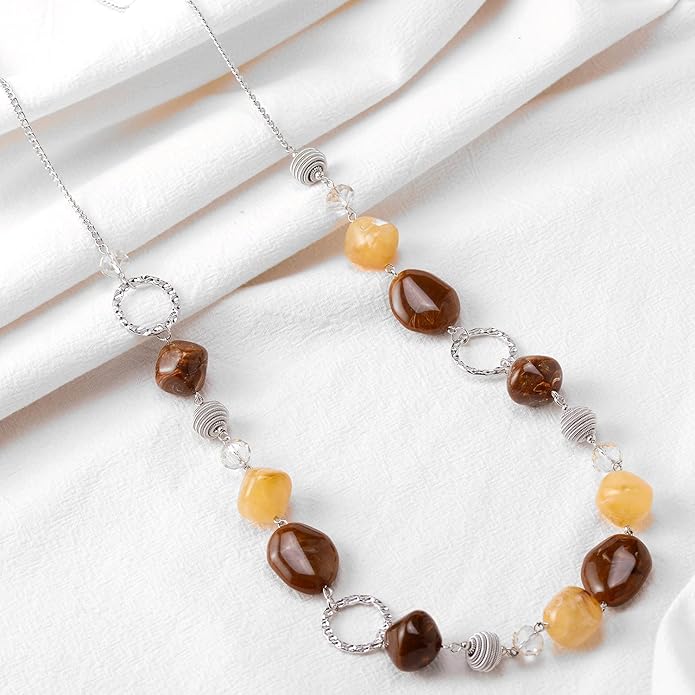 BULINLIN Beaded Long Necklace for Women Silver Sweater Chain Necklace with Crystal Resin Beads, Fashion Jewelry Necklace