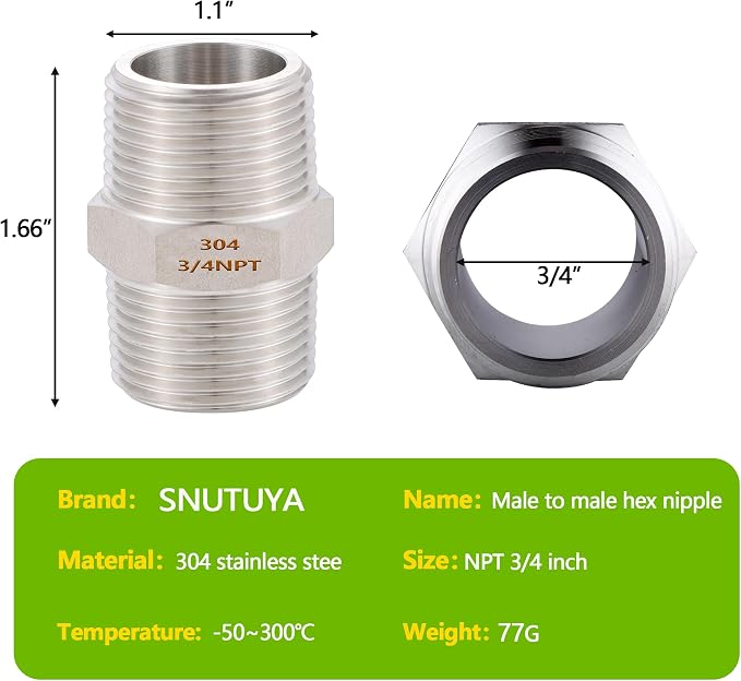 2PCS Hex Nipple 3/4" x 3/4" Male Pipe Fittings, 304 Stainless Steel 3/4 inch - Image 2