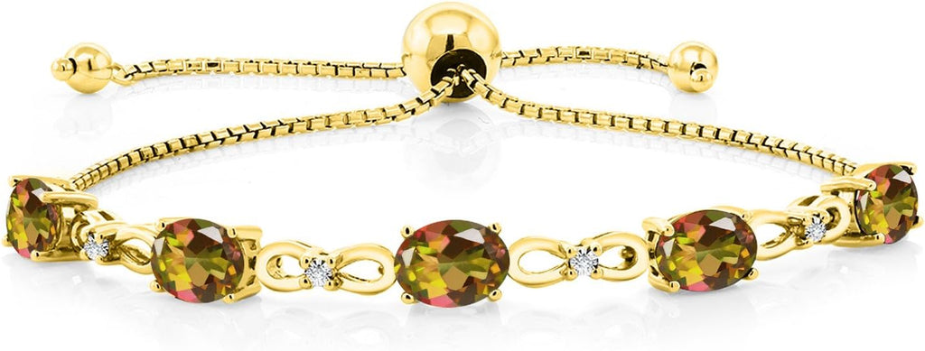 Gem Stone King 7X5MM Oval Cut Gemstone Birthstone and Accent Lab Grown Diamond Tennis Bracelet For Women In 18K Yellow Gold Plated Silver | Adjustable Bolo Bracelet For Women | Easy-On Easy-Off
