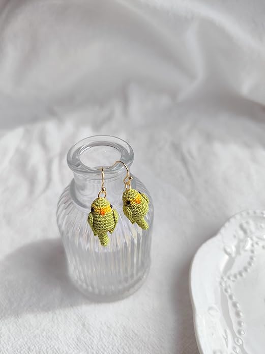 Hand-crocheted yellow and blue parrot earrings, miniature crocheted artistic cute playful parrot gifts accessories