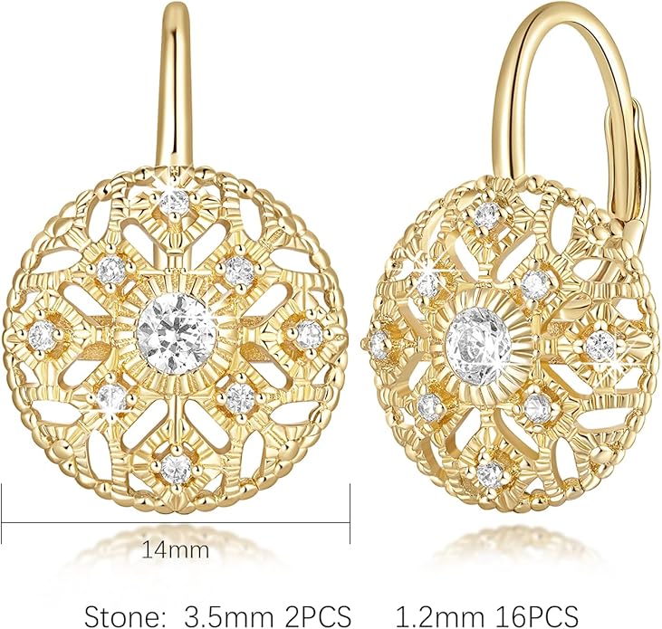 Eloqueen 14K Gold Drop Earrings Dangle Earrings for Women Leverback Dangle with Cubic Zirconia with Engraved Details 14K Gold Earring for Women 14/16mm