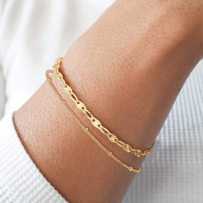 Dainty Layered Gold Chain Bracelet for Women 14K Gold Plated Handmade Adjustable Bracelet Satellite Beads Oval Mariner Figaro Link Chain Bracelets Minimalist Layering Stacking Jewelry Gift for Women