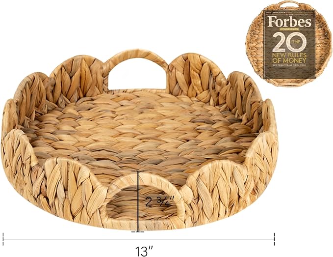 StorageWorks Round Scalloped Tray, Wicker Rattan Serving Tray - Image 3