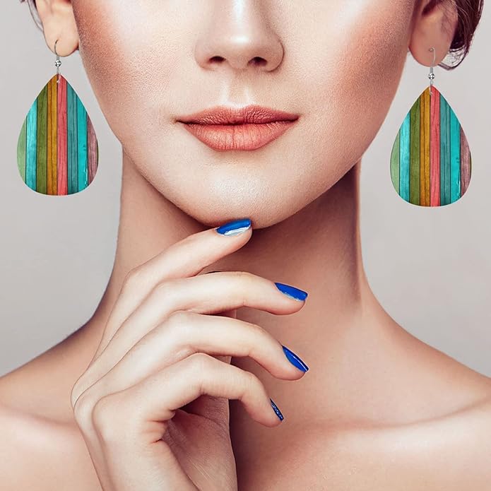 Vintage Wood Wooden Print Faux Leather Teardrop Earrings for Women Drop Dangle Earrings
