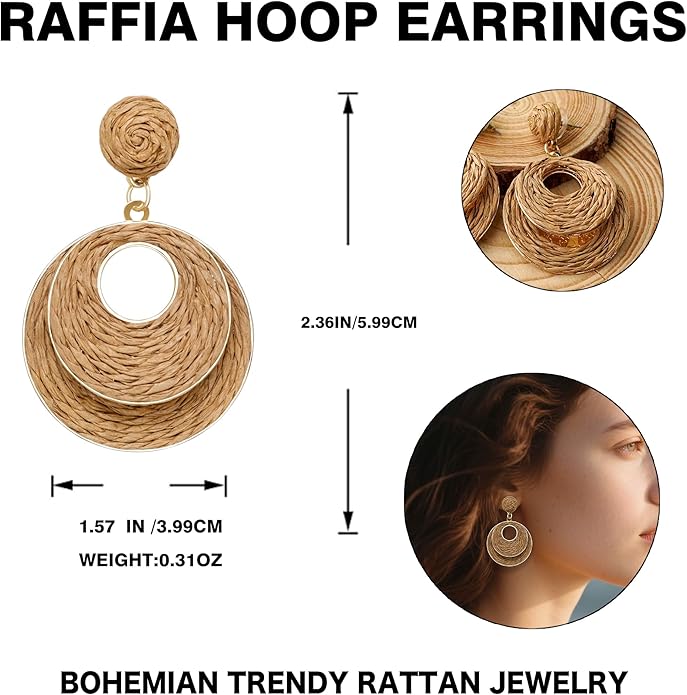 Raffia Hoop Earrings for Women - Boho Straw Wiker Dangle Drop Earrings for Summer Beach, Bohemian Trendy Rattan Jewelry