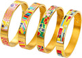 Enamel Bangle Set, 18K Gold Plated Stainless Steel, 4-Piece Bracelet Handcrafted Gorgeous Collection with Abstract and Floral Patterns, 6-7 Inch Wrist Size, Women's Fashion Jewelry