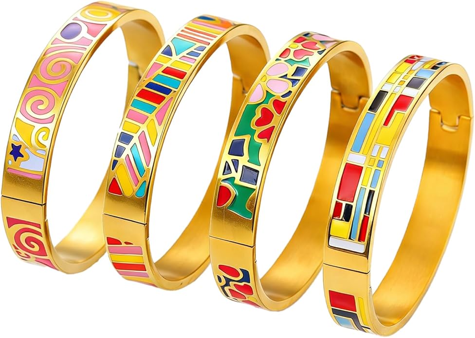Enamel Bangle Set, 18K Gold Plated Stainless Steel, 4-Piece Bracelet Handcrafted Gorgeous Collection with Abstract and Floral Patterns, 6-7 Inch Wrist Size, Women's Fashion Jewelry