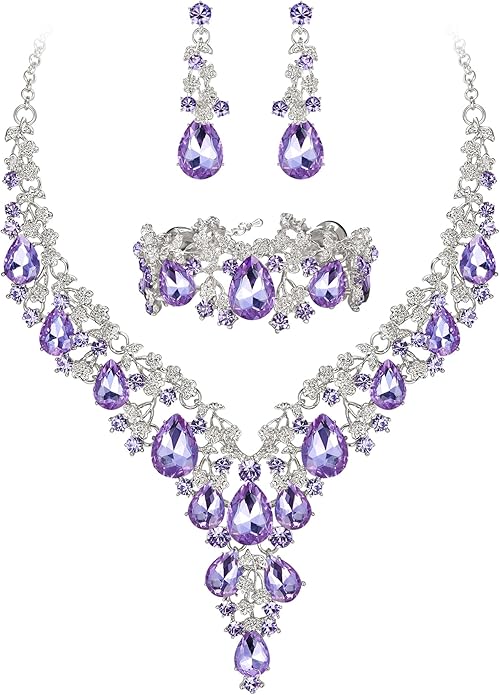 BriLove Women's Wedding Bridal Austrian Crystal Teardrop Flower Cluster Statement Necklace Dangle Earrings Jewelry Set for Party Prom