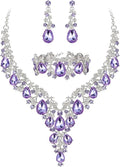 BriLove Women's Wedding Bridal Austrian Crystal Teardrop Flower Cluster Statement Necklace Dangle Earrings Jewelry Set for Party Prom