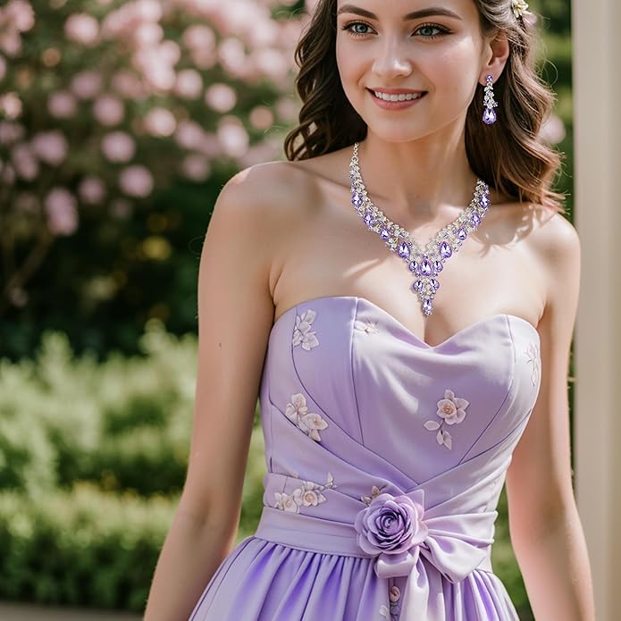 BriLove Women's Wedding Bridal Austrian Crystal Teardrop Flower Cluster Statement Necklace Dangle Earrings Jewelry Set for Party Prom