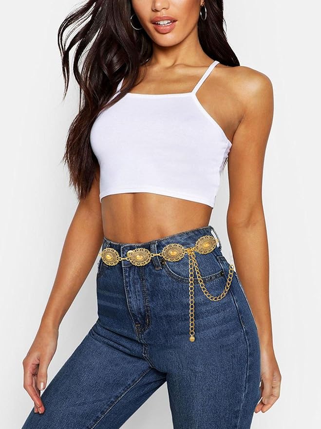 FIORETTO Metal Waist Chain Link Belt for Women Western Cowgirl Boho Turquoise Belts for Dress Jeans Country Concert Outfit