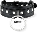 Black O-ring Leather Choker Collar for Women, Gothic Punk Style Adjustable Choker Necklace with Rivets and Engraved Letters Steel Tag