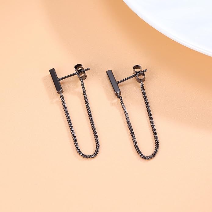 Reffeer Solid 925 Sterling Silver Stud Earrings Minimalist Bar Earrings with Chain Dangle Earrings For Women
