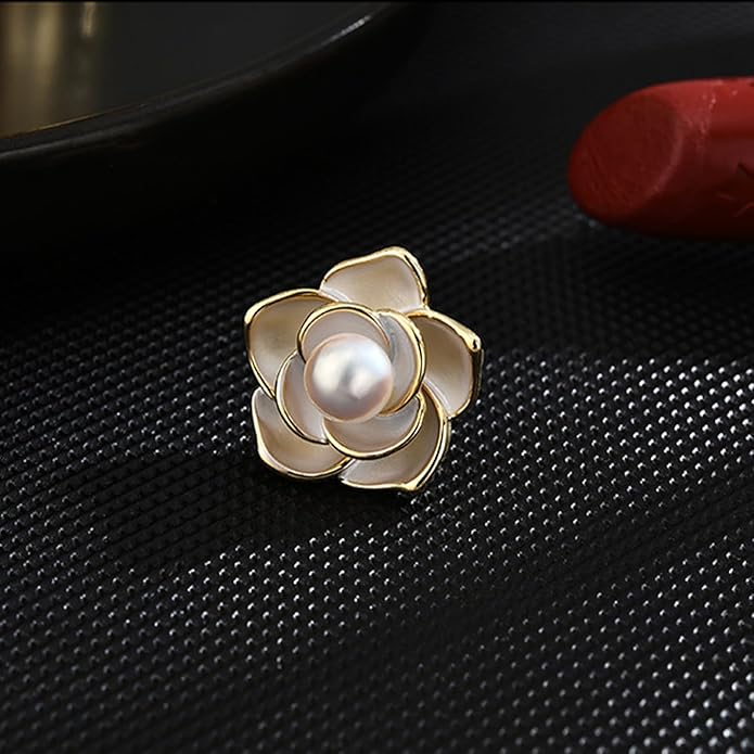 Pearl Flower Brooch for Women - Gold Plated Pearl Flower Pin Rhinestone Buttons Lapel Pin Jewelry - Valentine's Day Gift