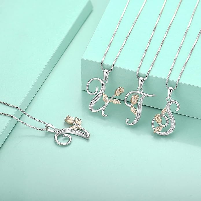 STARCHENIE Initial Necklace for Women Sterling Silver Letters 26 Alphabet Pendant Rose Flower Jewelry Gifts for Family Sisters Friend
