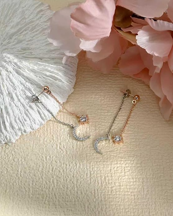 Moon and Star dangle Earrings for Women Chain Tassel with Cubic Zirconia Drop Celestial Jewelry for Wedding Gift