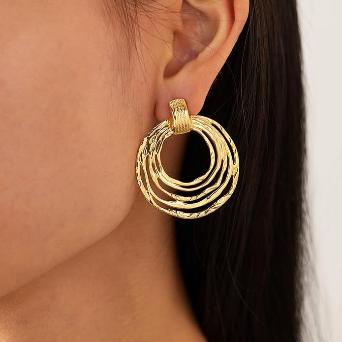Vintage Gold Statement Stud Earrings, Stainless Steel Chunky Drop Dangle Thick Earrings, Geometric Design with Pearl Accents, Textured Sun Round Heart Pattern for Women