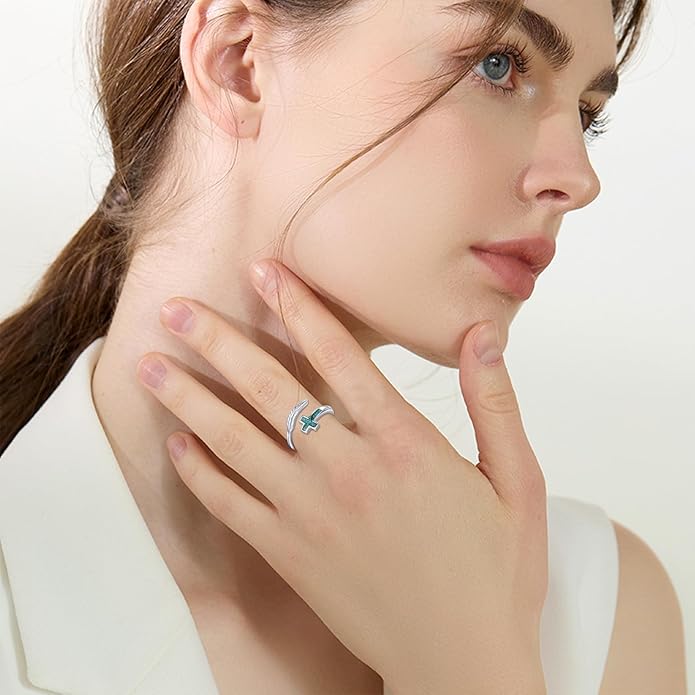 Turquoise/Moss Agate/Moonstone/Black Onyx/Lapis Lazuli/Labradorite/Tiger Eye Feather Ring 925 Sterling Silver Adjustable Ring Western Thumb Rings Vintage Jewelry Gifts for Women
