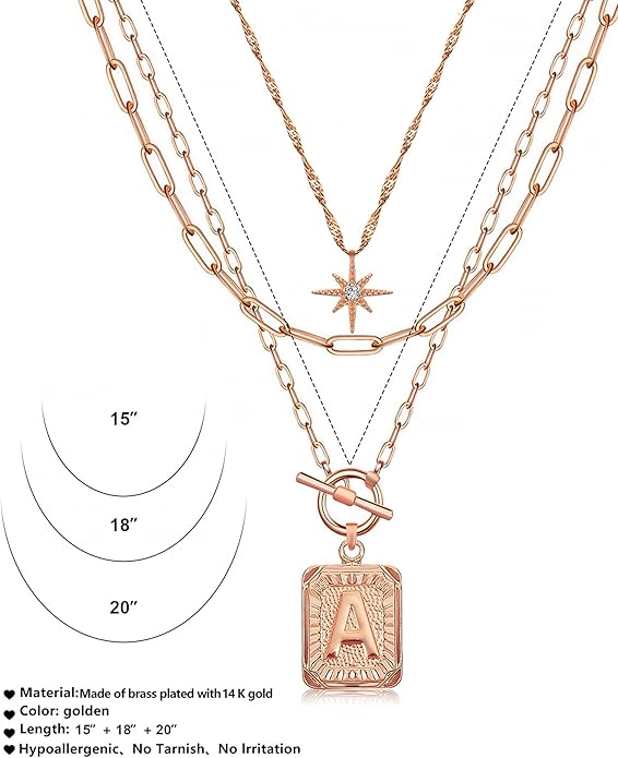 MJartoria Layered Initial Necklaces for Women Trendy, 14K Gold Plated Brass Simple Star Choker Square Letter Pendant Necklace, Paperclip Chain Necklaces Jewelry Gifts