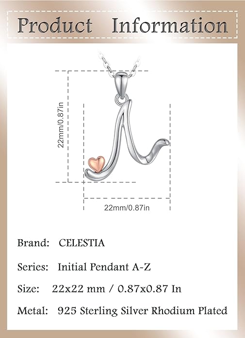 CELESTIA 925 Sterling Silver Initial Necklaces 26 Letter with Rose Gold Heart - 18 Inch Chain