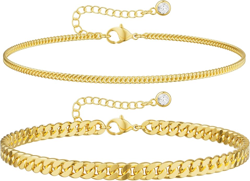 DEARMAY Dainty 14K Gold Plated Ankle Bracelets for Women, Waterproof 14K Gold Plated Link Chain Anklets Non Tarnish Set Pack Summer Beach Jewelry Gift