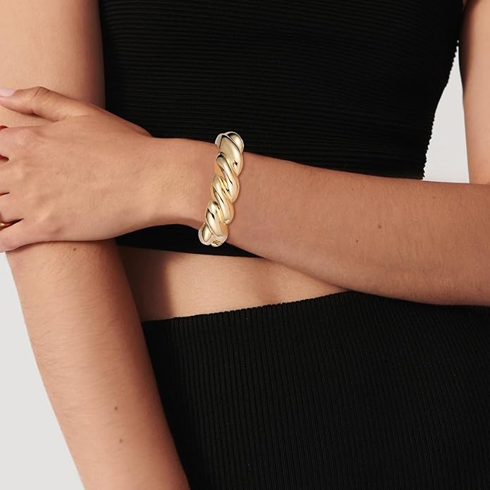 HZMAN 18K Gold Plated Wide Cuff Bracelet for Women - Premium Alloy Shiny Polished Double Layer Statement Bangle, Trendy Daily Wear Party Jewelry Accessory