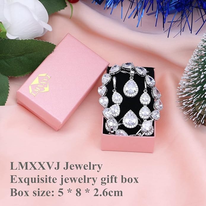 LMXXVJ Necklace Long Earrings Bracelet Set, White Gold Plated Created Blue Sapphire Jewelry Set Wedding Party Gift Jewelry for Women Bridal Bridesmaid