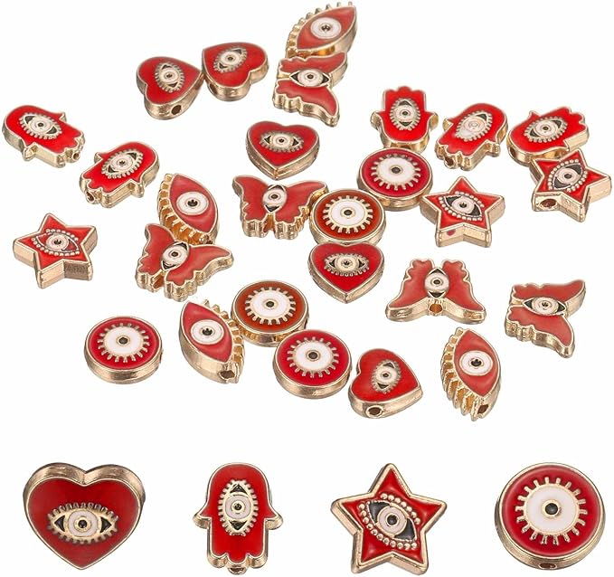 MECCANIXITY 30 Pcs Evil Eye Beads Bulk Colorful Alloy Enamel Loose Spacer Charm Beads for DIY Bracelet Earrings Necklace Crafts Jewelry Making, Red