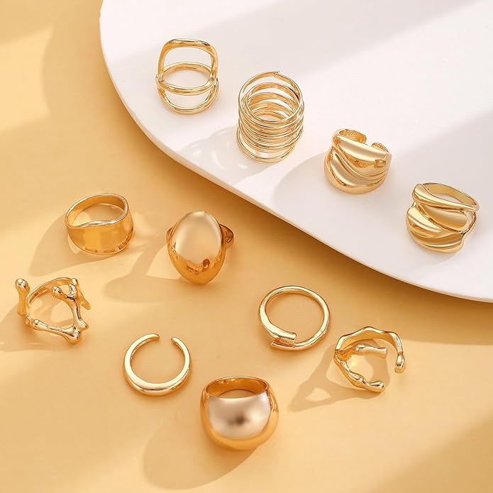 Chunky Gold Rings for Women Rhinestone Stackable Knuckle Ring Set Open Adjustable Statement Ring Set Dainty Crown Cross Midi Rings Fashion Jewelry Gift for Women