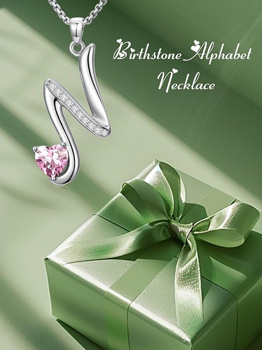 Valentines Day Gifts for Women Alphabet A to Z Initial Birthstone Pendant Necklaces for Women - 18k White Gold Plated Personalized Name Jewelry Valentine Mothers Day Birthday Gifts for Women Her Girlfriend