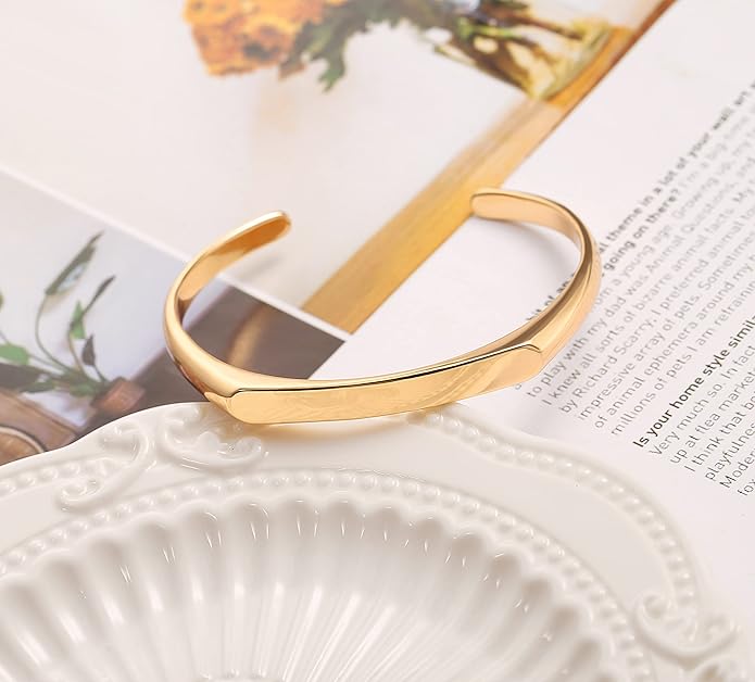 PERNNLA PEARL Dainty Gold Bar Bracelet for Women Simple Delicate Thin Cuff Bangle Hook Bracelet 18K Gold Plated Handmade Minimalist Jewelry