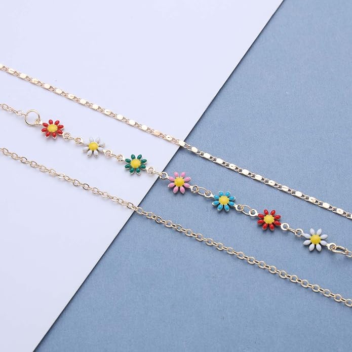 Vintage Layered Colorful Flower Necklace Multi Color Daisy Flower Choker Necklace Gold Rainbow Daisy Necklace Enamel Floral Necklace Chain Jewelry for Women