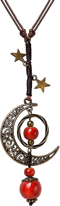MINACHI Vintage Bohemian Hippie Ceramic Beads Crescent Moon Lariat Necklace, Boho Hippie Statement Jewelry Gift for Women