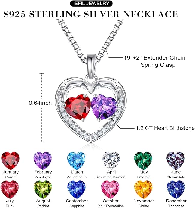 Iefil Valentines Day Gifts for Her - 925 Sterling Silver Heart Birthstone Necklace, Anniversary Birthday Gifts for Women Wife Girlfriend Mom Her