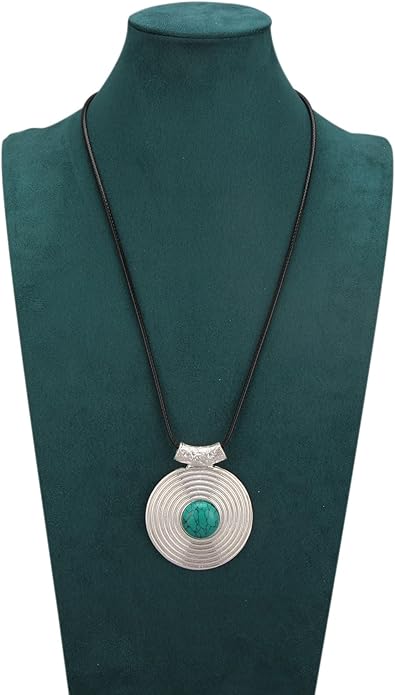 Boho Leather Necklace Women Bohemian Brown Circle Pendant Necklace Choker Long Necklaces for Women Boho Ring Large Pendant