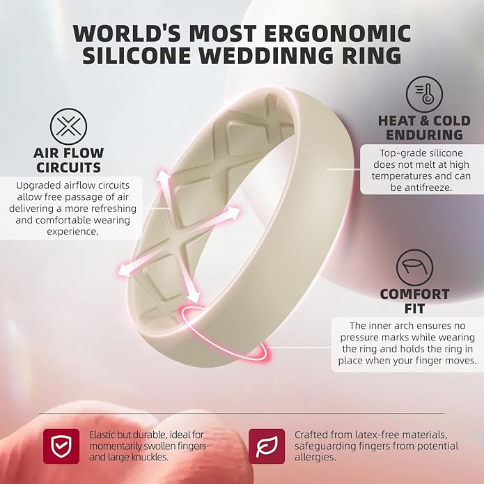 Egnaro Women's Bridal Rings Sets, Inner Arc Ergonomic Breathable Design Silicone Rubber Wedding Bands