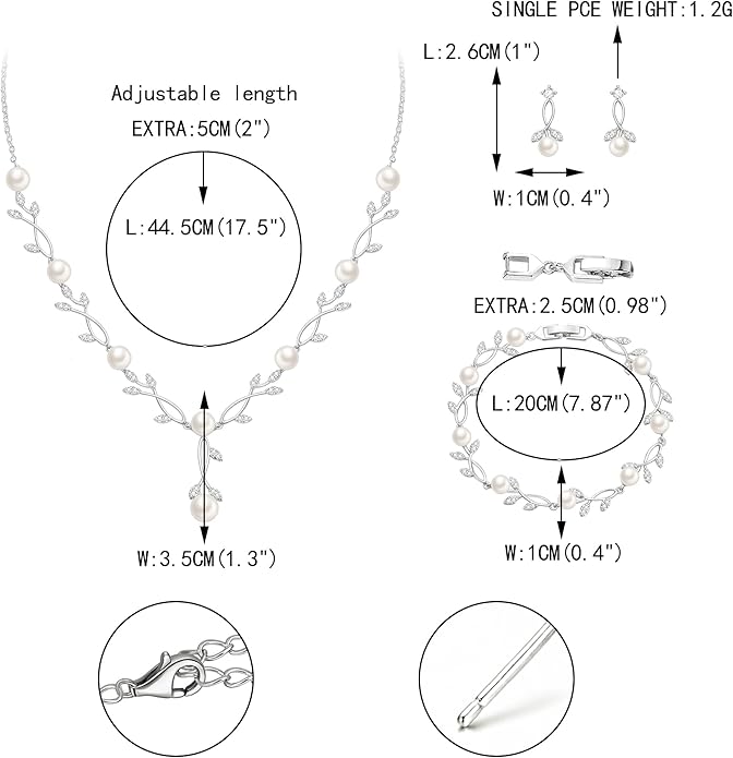 EVER FAITH Bridal Cubic Zirconia Jewelry Sets for Women, White Simulated Pearl Leaf Vine Pendant Wedding Party Necklace Earrings Set for Bridesmaid Bride