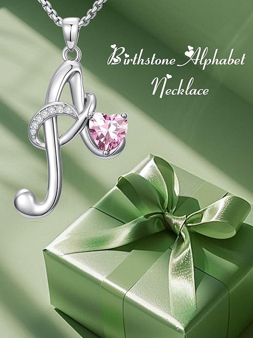 Valentines Day Gifts for Women Alphabet A to Z Initial Birthstone Pendant Necklaces for Women - 18k White Gold Plated Personalized Name Jewelry Valentine Mothers Day Birthday Gifts for Women Her Girlfriend