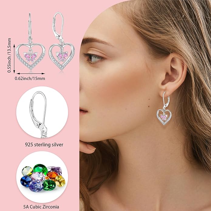 Butterfly Birthstone Heart Dangle Drop Earrings, 925 Strlings Silver 5A Cubic Zircon Leverback Earrings Jewelry Anniversary Birthday Gifts for Women