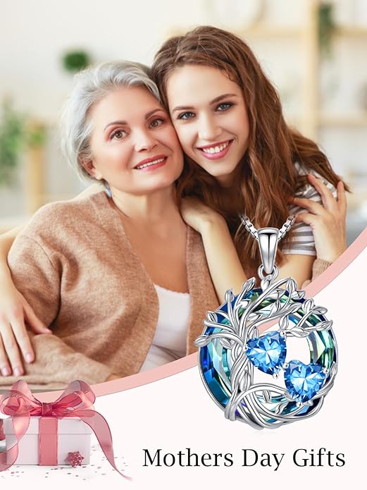 TOUPOP s925 Sterling Silver Family Celtic Tree of Life Pendant Necklaces with 2 Heart Birthstone with Blue Austrian Crystal Jewelry Birthday Valentines Day Gifts for Her, Anniversary Christmas Gifts for Wife Girlfriend Mom (18K Real White Gold Filled)