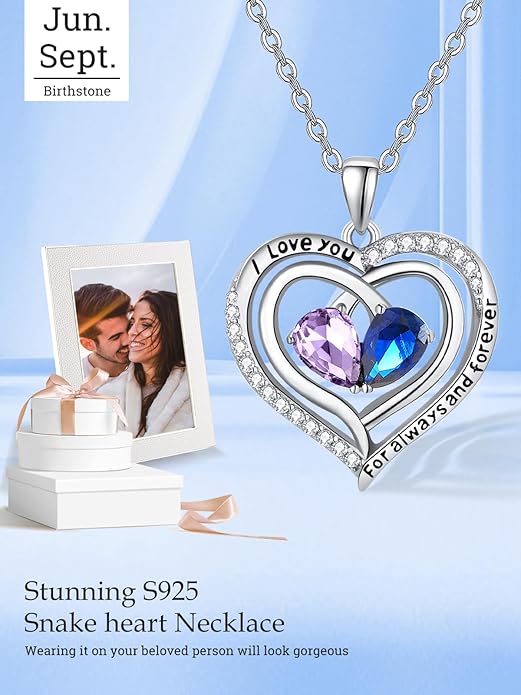 Valentine's Day Gifts for Wife 925 Sterling Silver Double Birthstone Pendant Necklaces I Love You for Always and Forever Necklace Anniversary Birthday Gifts for Wife Girlfriend Mom Her
