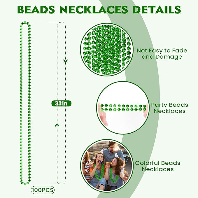 SHAOQINLIN 100 PCS St. Patricks Day Beads Necklace, 33" Green Mardi Gras Beads Christmas Necklaces Irish Saint Patricks Necklaces for St. Patricks Day Mardi Gras Parade Throws Birthday Party Favors
