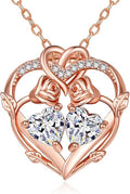 Rose Gold Necklaces for Women Double Birthstone Rose Flower Heart Pendant Necklace Jewelry Anniversary Christmas Valentine's Mother's Day Birthday Gift for Wife Mom Her Girlfriend Sister