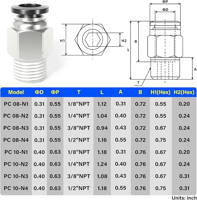 TAILONZ PNEUMATIC Male Straight 8mm Tube OD x 1/8 Inch NPT Thread Push to - Image 2