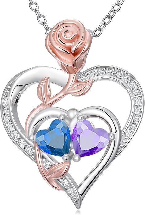 Rose Flower Heart Pendant for Women Birthday Gifts 18k Gold Plated Mother Daughter Necklace with 12 Months Birthstone Christmas Valentines Day Gifts for Her Mom Anniversarry Jewelry for Mom Wife Girlfriend