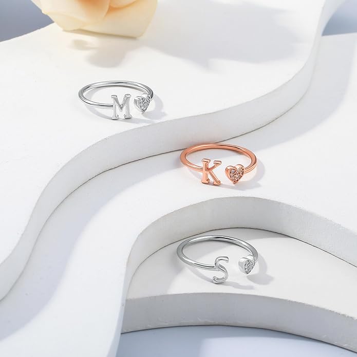 Valentines Day Gift Initial Rings for Teen Girls - S925 Heart Sterling Silver Rings for Teen Girls | 14K Gold/Rose Gold/Sterling Silver Plated Ring for Girls Kids Women Ring for Teenager Girls Gifts Adjustable, No Tarnish, Hypoallergenic